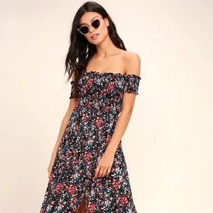 View from the Meadow Black Floral Print Off-the-Shoulder Dress